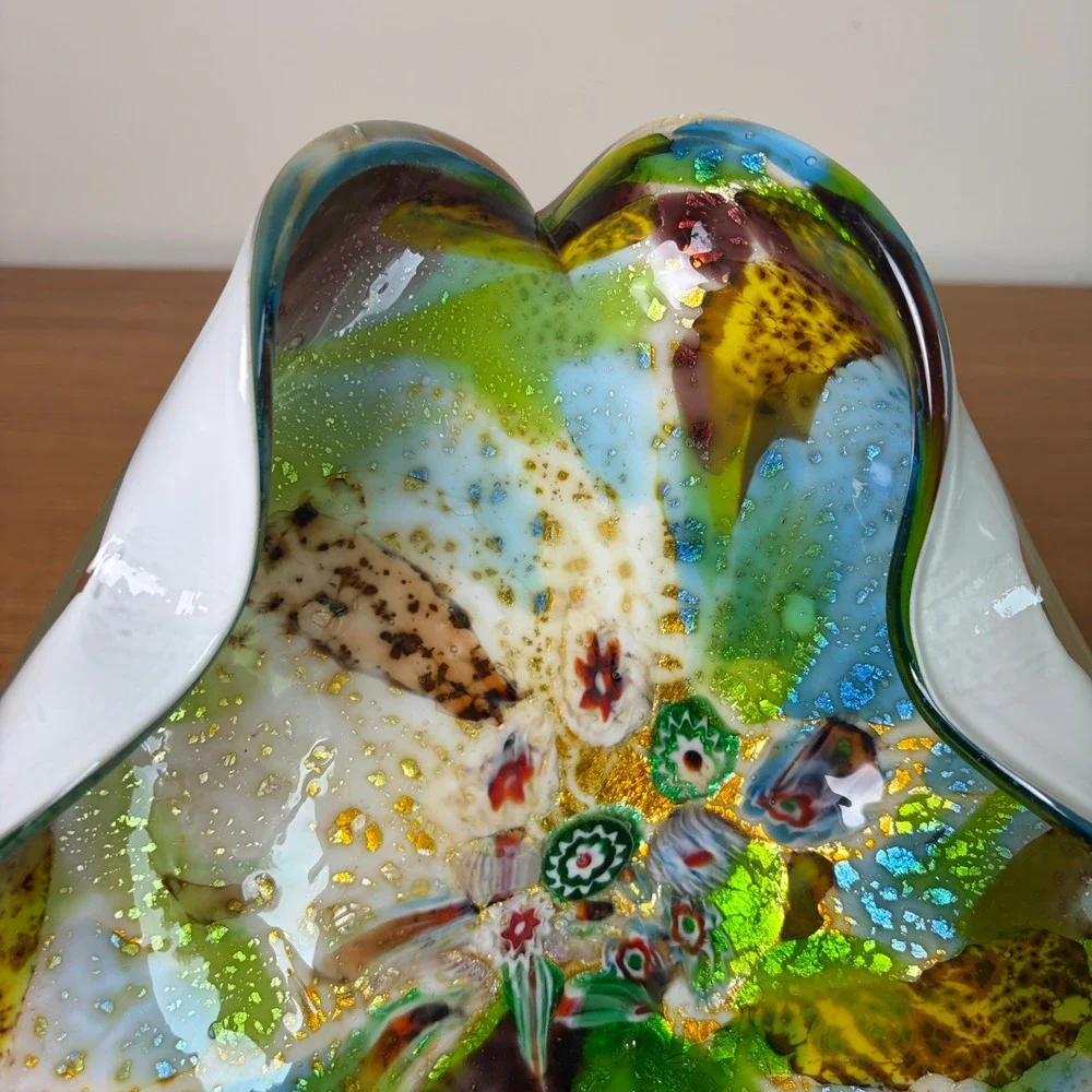 Vintage Murano Art Glass Bowl Gold Fleck Trifold White Green Tutti Fruitti